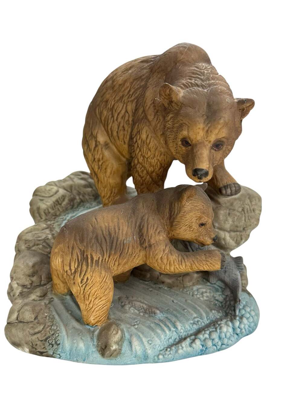 Vintage Arnart 1984 Mother Grizzly Bear and Cub Fishing Porcelain Figurine